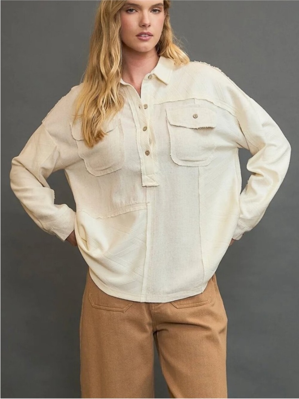 B3 Umgee Linen Blend Half Button Down Top in Oatmeal NEW